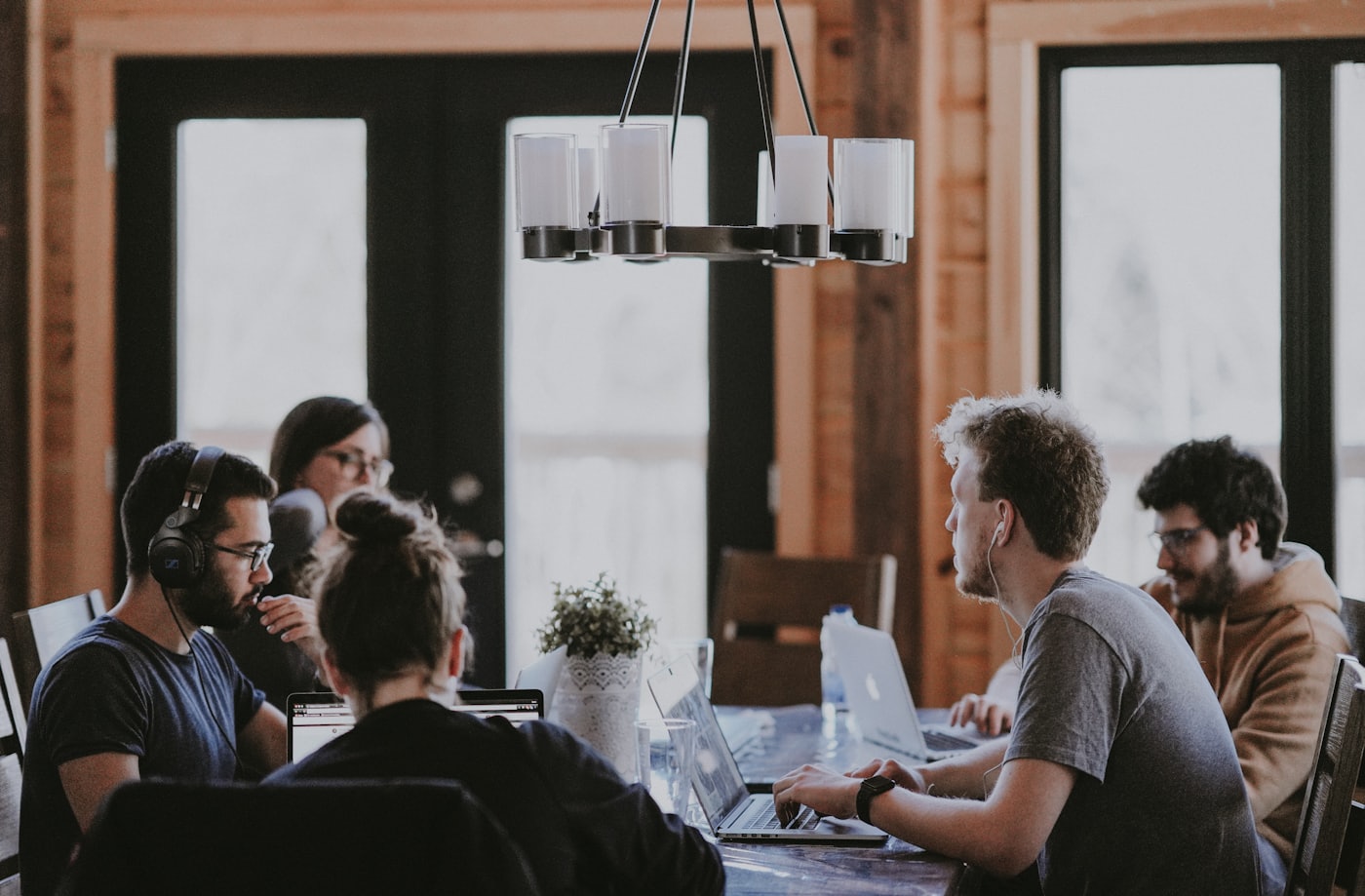 Corporate team working together in a modern office